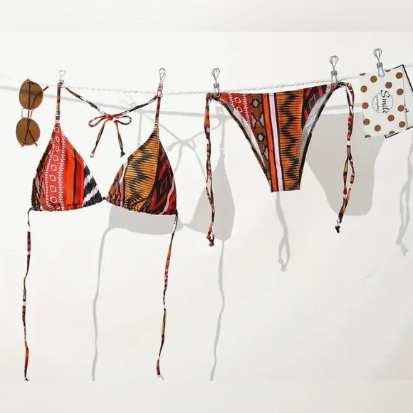 Boho Ethnic Print Triangle Halter Side Tie Bikini Set - Picture 9 of 12